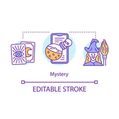 Mystery concept icon. Spellbooks and esoteric literature idea thin line illustration. Taromancy, fortune telling. Mystic story with wizards & witches. Vector isolated outline drawing. Editable stroke