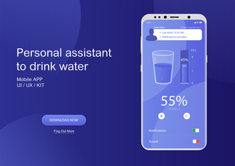 Drink water mobile app. UI, UX, GUI Application to control the daily intake of water. Healthy lifestyle, sport concept.  The recommended dose of water every day and track your progress. Fitness App