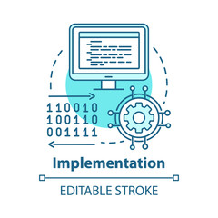 Implementation concept icon. Software coding. Computer programming and deployment idea thin line illustration. Information technology. Vector isolated outline drawing. Editable stroke