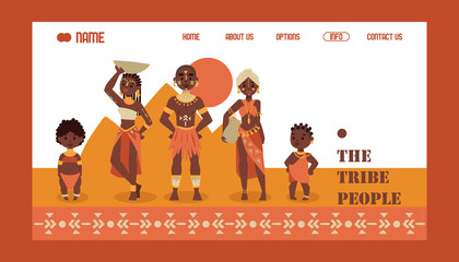 African native family tribe people, vector illustration. Travel agency website design, exotic tours to Africa. Group of ethnic tribe characters in traditional clothes, cartoon style