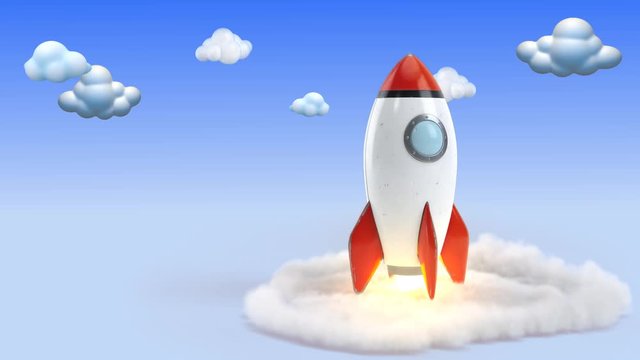 Toy Rocket Blast Off With Cloudy Sky 4K Resting On A Blue Gradient Surface With Cartoon Clouds In The Sky And The Rocket Blasts Off With Flames And Smoke.