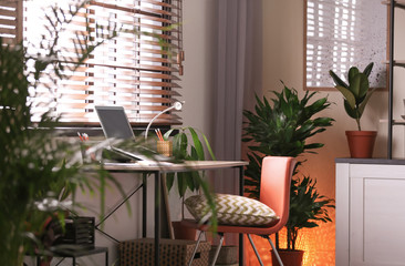 Room interior with workplace and different potted houseplants