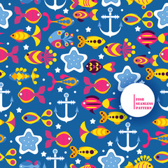 Underwater world fish seamless pattern, vector illustration. Background with abstract colorful sea creatures, aquarium fish. Decoration for children