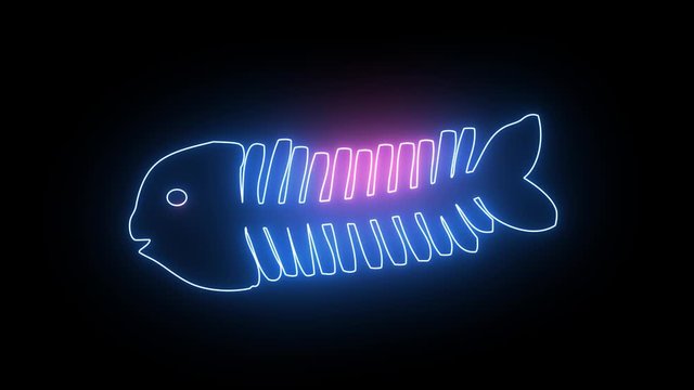 Modern, creative neon fish bone. Technology, food and animal concept. Glowing light with fish skeleton. 