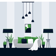 Interior design of a living room, vector illustration in flat style. Modern decoration of cozy apartment, creative concept for comfortable lifestyle in urban interior