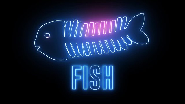 Modern, creative neon fish bone. Technology, food and animal concept. Glowing light with fish skeleton and text of FISH 