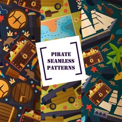 Pirate attribute seamless pattern, vector illustration. Flat icons symbols of piracy ship, map, cannon, treasure chest and rum barrel. Pirate background