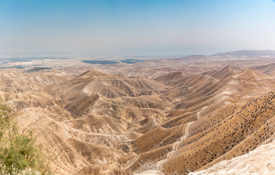 View of the Jordan Valley With Dead Sea and Jericho on the Horizon