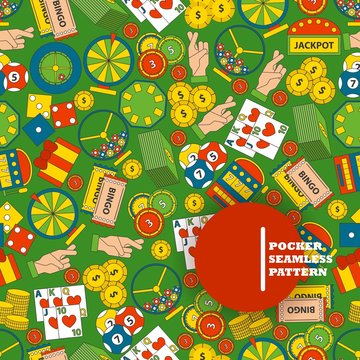 Casino gambling symbols in seamless pattern, vector illustration. Flat icons of playing cards, roulette, casino chips and lottery