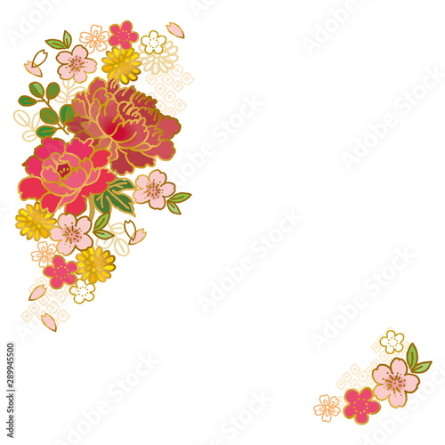 和柄 花 金 フレーム 桜 梅 牡丹 Wall Mural Wallpaper Murals Matsu