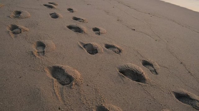 Footprints on empty beach at dusk - pan up to ocean