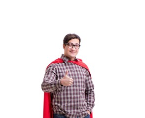 Super hero wearing red cloak on white