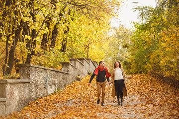 Fototapeta premium Couple weared in autumn-style clothes (oranfe scarf and vest) running through the autumn park. Alley covered with yellow foliage. Autumn walk outdoors. Two lovers in autumn park. Romantic dating