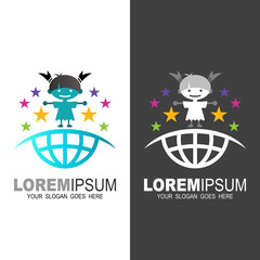 Kids logo design template, Abstract illustration of logo template happy children. globe icon, education logo