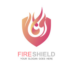 Fire shield logo design element. Fire warning sign shield. Fire flame vector illustration on white background