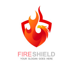 Phoenix logo with shield design template, fire and eagle logo
