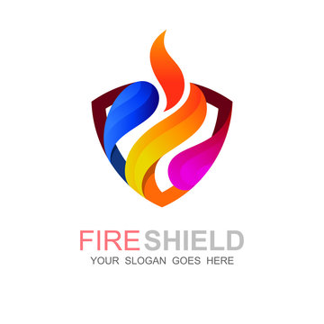 Fire protection shield logo template, 3d logo design template, Security icon,  