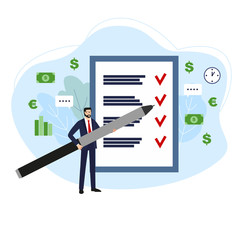 Businessman Holding Huge Pen. Signing documents. Man Filling Document Flat Vector Character
