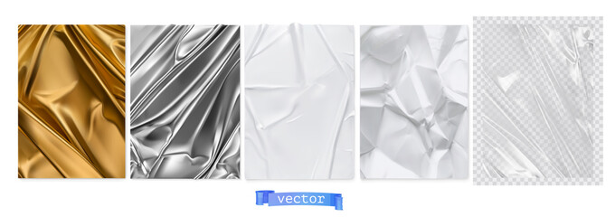 Gold fabric, silver foil, white paper, transparent plastic film. 3d realistic textures, vector set
