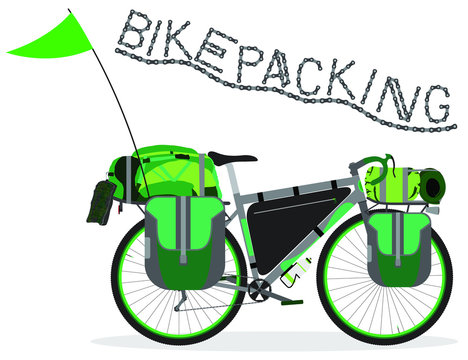 Vector illustration of touring bicycle with bags. Bikepacking bike with camping and travel gear on white background