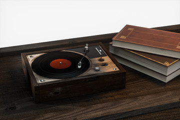 Fototapeta premium The old wooden vinyl record player on the table, 3d rendering.