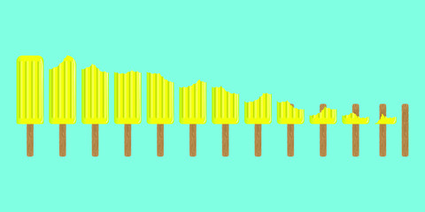 Row of yellow ice pops from whole to empty stick on blue background