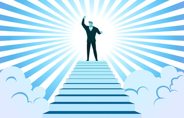 Successful Businessman Rise Hand on Top Stairs Cloud Sunbeam Vector Illustration