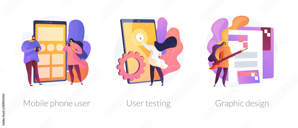Poster app creation steps icons set. user interface development, bug fixing, public release. mobile phone u