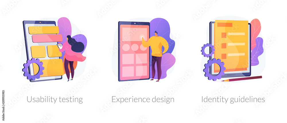 Poster app prototyping icons set. user friendly interface development, branding plan. usability testing, ex
