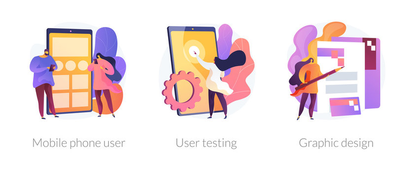 App creation steps icons set. User interface development, bug fixing, public release. Mobile phone user, user testing, graphic design metaphors. Vector isolated concept metaphor illustrations