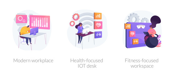 Professional workspace icons set. Smart personal space, employee care. Modern workplace, health-focused IOT desk, fitness-focused workspace metaphors. Vector isolated concept metaphor illustrations