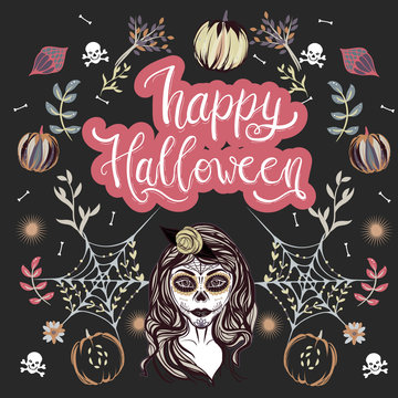 Happy Halloween poster with sugarskull.Hand painted lettering phrase.