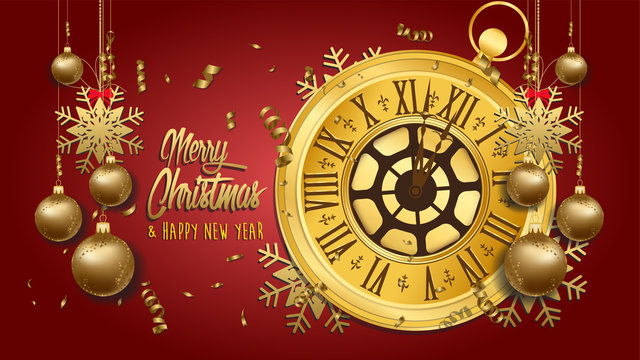 Happy New Year - New Year Shining background with gold clock and balls