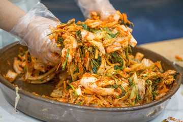 Napa cabbage kimchi. Korean traditional food Kimchi. It's a basic Korean side dish - obrazy, fototapety, plakaty