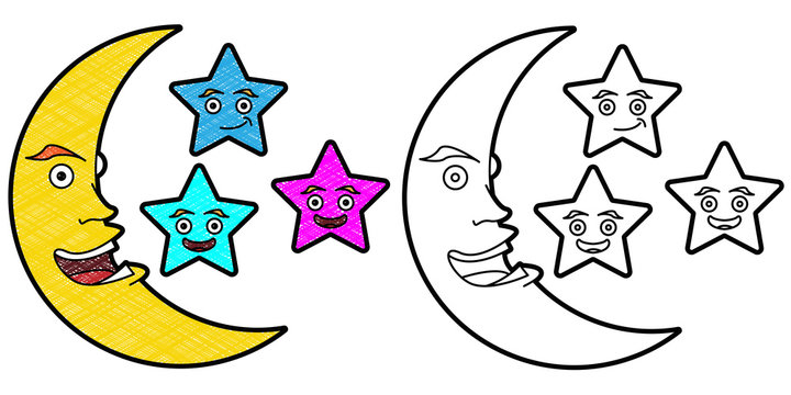 moon star character design vector with texture. black and white colors