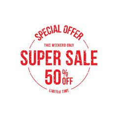 Super Sale 50% offer. Red round stamp in grunge style with texture isolated on a white background. Flat vector illustration EPS 10