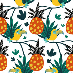 Tropical summer seamless vector background with toucan and pine apple. Design for fabric, wrapping, textile, wallpaper, apparel.