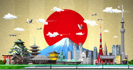 Illustration of Japan and Hinomaru in gold screen-back by 3d rendering