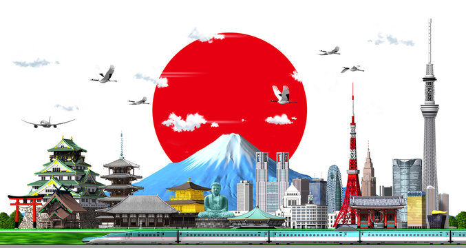 Illustration of Japan and Hinomaru in white background by 3d rendering