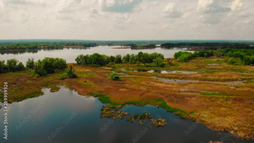 Poster aerial view on river with green trees sky with clouds nature view