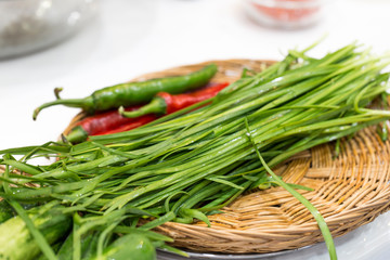 Chinese chives. chives on basket.