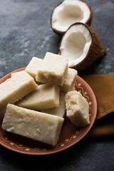 Coconut Burfi / Kopra  Pak/ Fresh Nariyal Fudge, selective focus