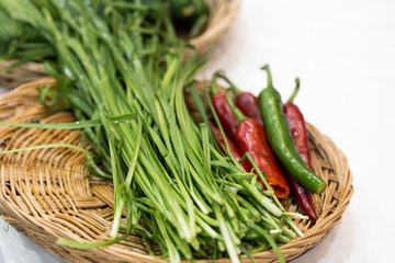 Chinese chives. chives on basket.