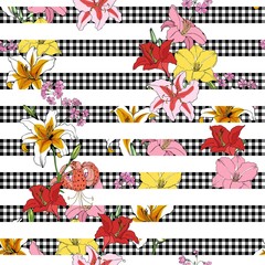 Lilies and primroses on black and white squares and stripes. Floral seamless vector pattern for fabric.