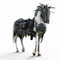 Angled view of a posing armored white war horse on a isolated white background. 3d rendering © Digital Storm