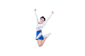 Pretty cheerleader girl jumping in the studio
