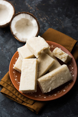 Coconut Burfi / Kopra  Pak/ Fresh Nariyal Fudge, selective focus