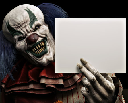 Frightening scary clown with sharp fangs piercing the darkness holding a black advertisment card with room for your text or copy space. 3d rendering