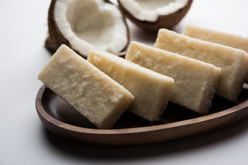 Coconut Burfi / Kopra  Pak/ Fresh Nariyal Fudge, selective focus