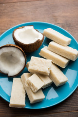 Coconut Burfi / Kopra  Pak/ Fresh Nariyal Fudge, selective focus